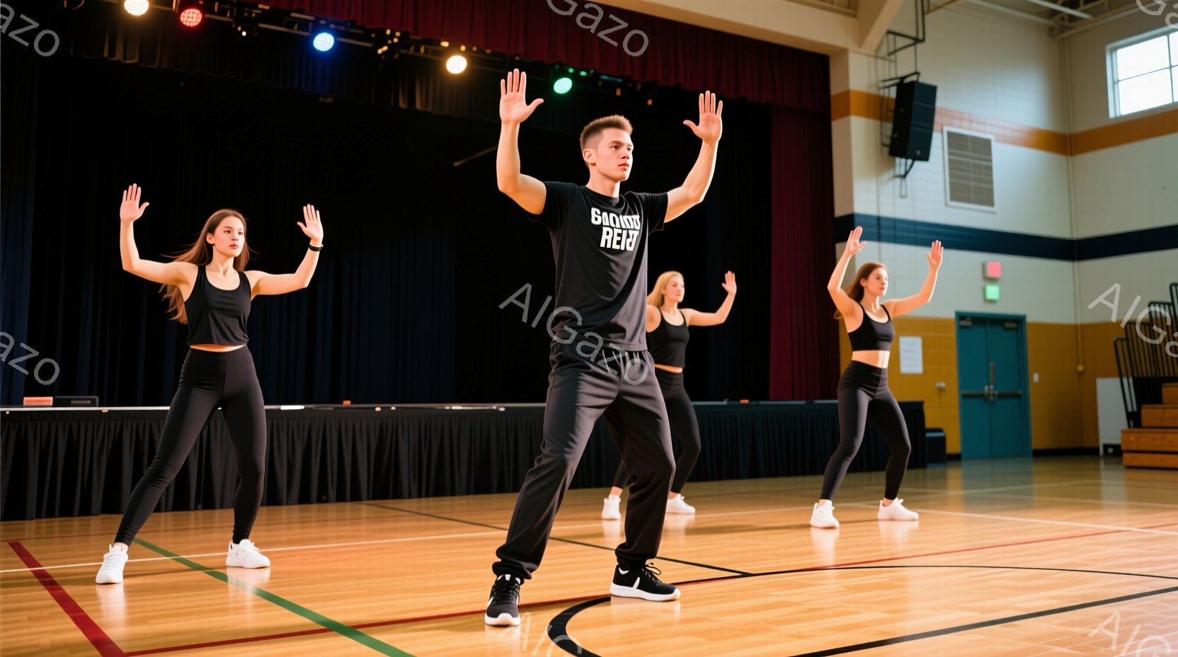 体育館のような場所で踊っている5人の人々が写っています。彼らは皆、黒いスポーツウェアを着用し、手を上げてポーズをとっており、中心にいる男性は、胸に白い文字が入ったTシャツを着ています。背景には赤いカー - AI生成フリー素材