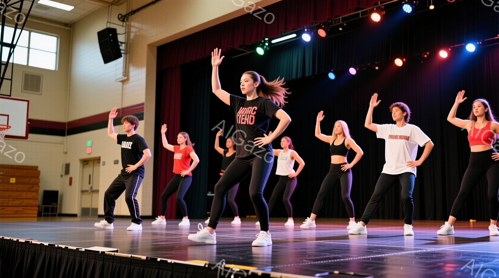 舞台上に、黒いTシャツとレギンス、白いスニーカーを着用した複数の若いダンサーが立っている。彼らは皆、腕を上げ、ダイナミックなポーズをとっており、リハーサルかパフォーマンスの瞬間を捉えているようだ。背景 - AI生成フリー素材