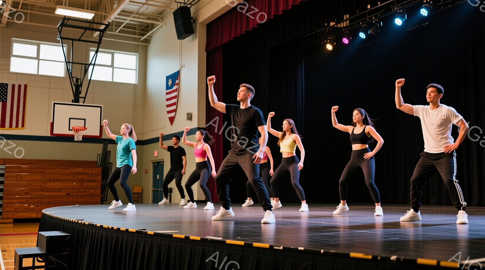 体育館のステージ上で、複数の人々がダンスのポーズをとっています。彼らは皆、黒いパンツまたはレギンスに、白または黒のトップスを着ており、足元は白いスニーカーです。背景には観客席とアメリカ国旗が見え、ステ - AI生成フリー素材