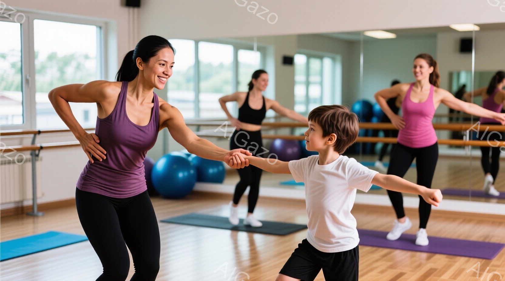 バレエスタジオのような明るい室内で、母親と思われる女性が息子とストレッチをしている。女性は紫色のタンクトップと黒いレギンスを着用し、笑顔で息子と手を繋いでポーズを取っている。背景には、ヨガマットとエクササイズボールが置かれ、他の女性も同じようにストレッチをしている様子が見える。
