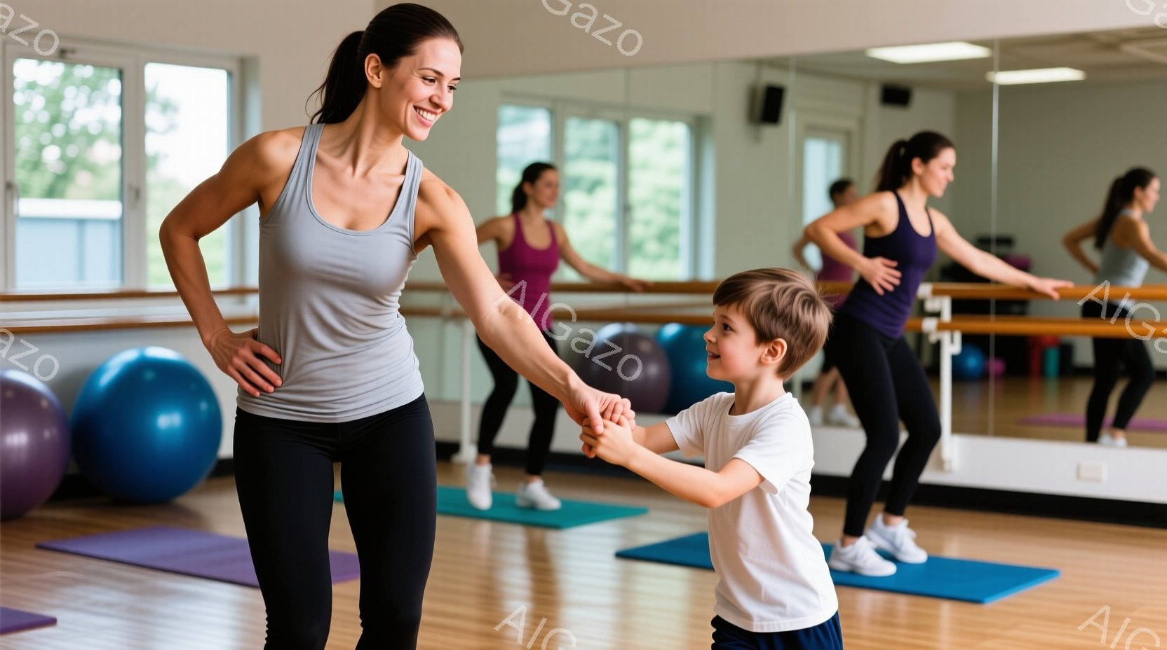 ヨガスタジオのような室内で、女性が少年と手をつないで笑顔で向き合っています。女性はタンクトップと黒いレギンス、少年は白いTシャツと短パン姿で、背景にはヨガマットやエクササイズボールが置かれ、他の女性たちがバレエバーを使ってストレッチをしているのが見えます。 明るい室内は暖色系のフローリングで、親しみやすく楽しい雰囲気が漂っています。