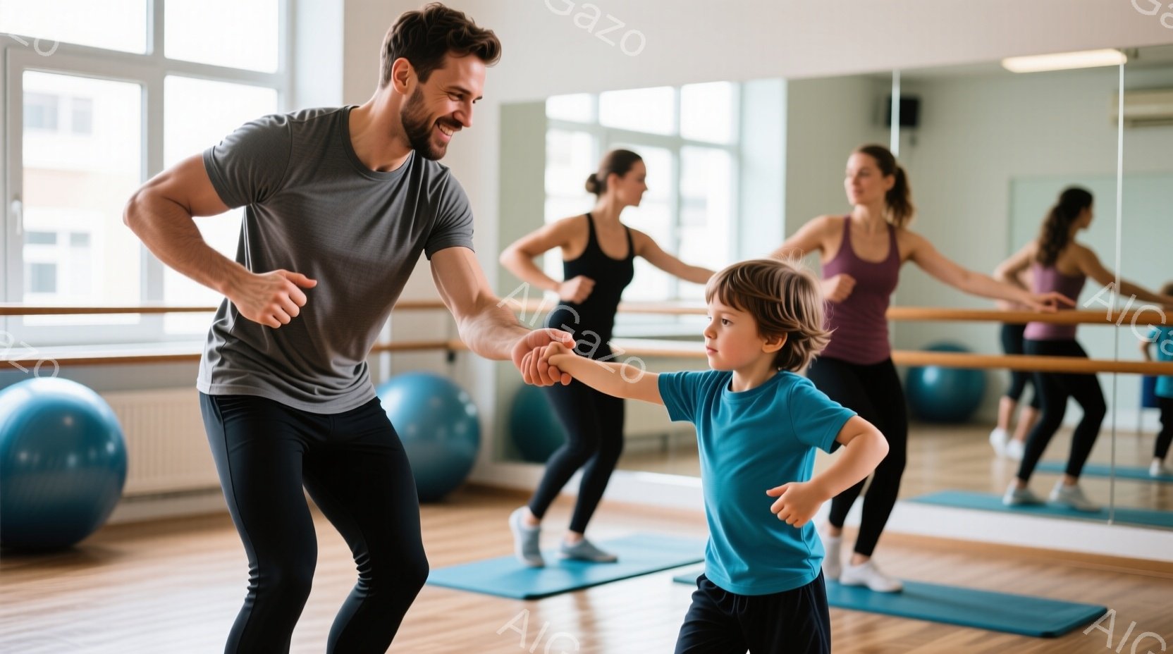 バレエスタジオのような場所で、大人が男の子にバレエのポーズを教えている様子が写っています。大人はグレーのTシャツと黒のレギンスを着用し、男の子は水色のTシャツと黒のショートパンツを履いています。背景には、他の女性たちがバレエバーを使ってストレッチをしている姿が見え、全体的に明るく活気のある雰囲気です。