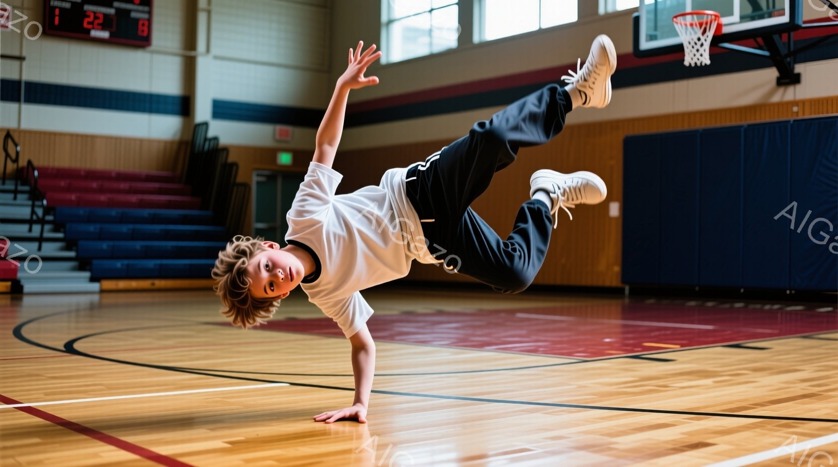 若い少年が体育館でハンドスプリングを行っています。白いTシャツと黒いズボンを着用し、金髪を無造作にしています。背景には赤い座席とバスケットボールのゴールが見え、明るく活気のある雰囲気です。 - AI生成フリー素材