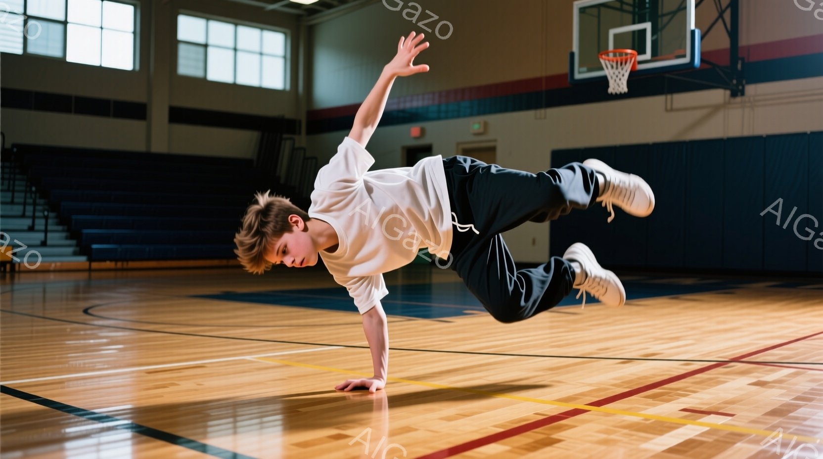 若い男性が体育館の床でダイナミックなブレイクダンスのポーズを取っています。彼は白い長袖シャツ、濃い青色のズボン、白いスニーカーを着用し、短めのブロンドヘアです。背景には観客席とバスケットゴールが見え、 - AI生成フリー素材