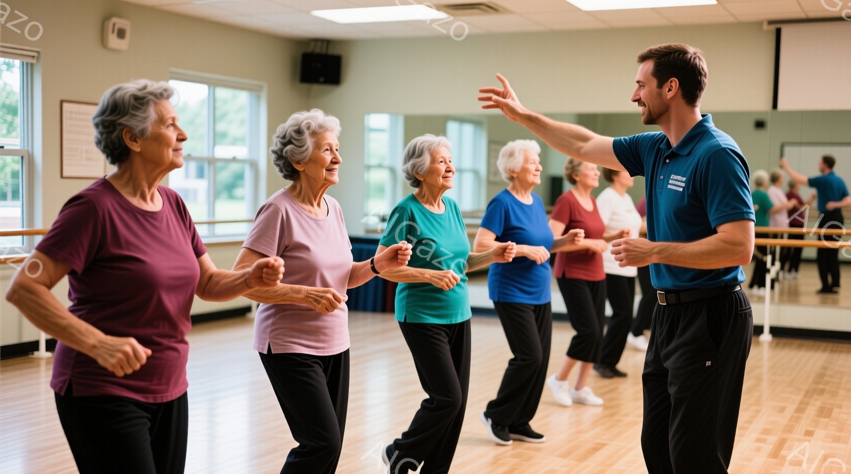 室内は明るく、複数の女性たちがダンスレッスンを受けている様子が写っている。彼女たちは皆、動きやすい服装で、ピンクや紫、緑のトップスを着用し、黒いズボンを合わせている。インストラクターと思われる男性は青いポロシャツと黒いズボンで、女性たちを先導するように両手を広げている。