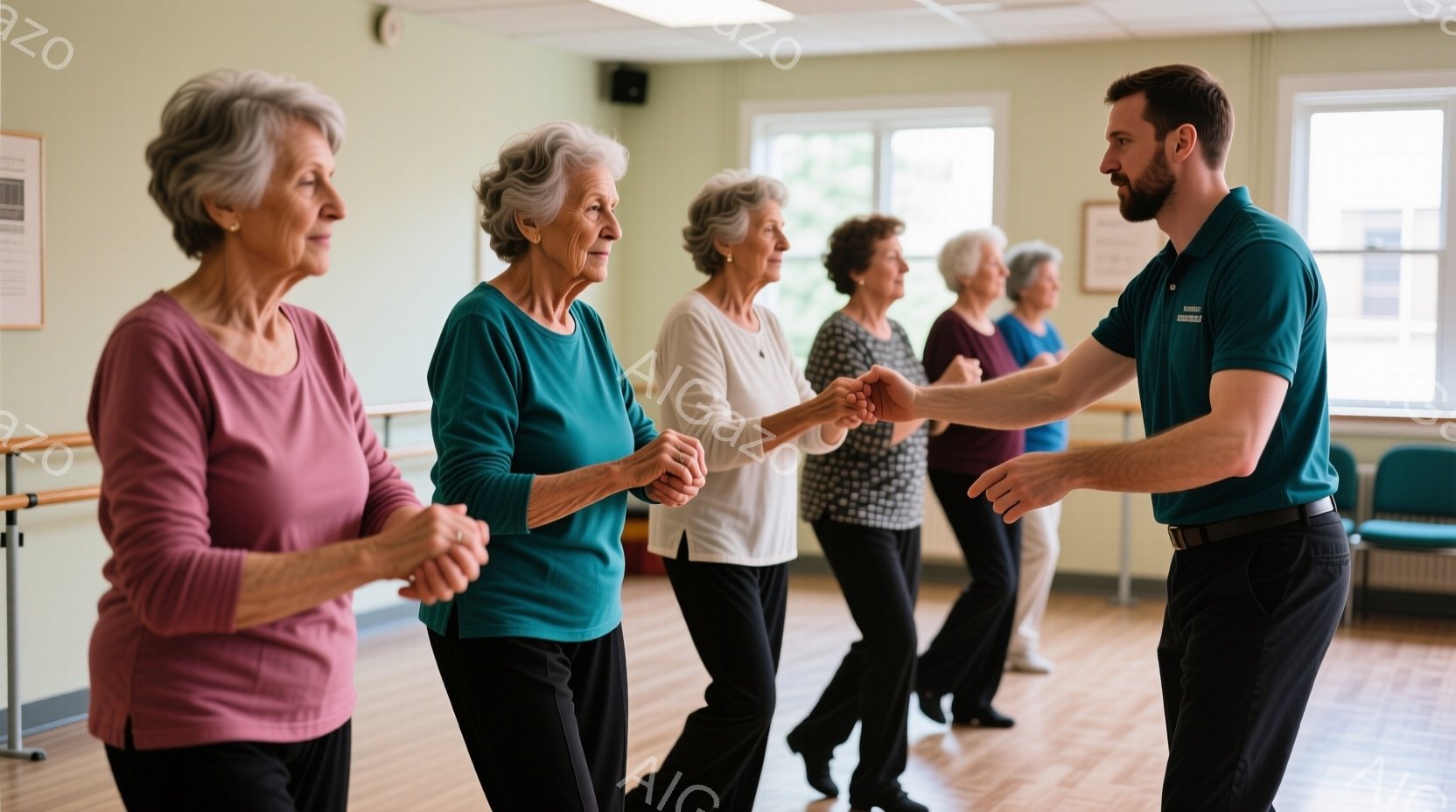 室内でダンスレッスンが行われています。数人の高齢女性が整列し、男性インストラクターとペアを組んでダンスのステップを練習しており、皆、リラックスした表情で楽しんでいます。背景には、木製の床、壁のポスター、そして控えめな青色の椅子が見え、全体的に穏やかでコミュニティ意識のある雰囲気が漂っています。