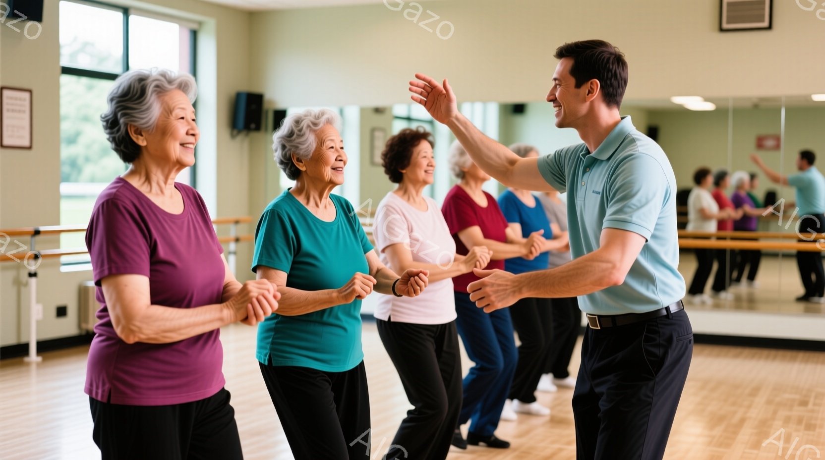 複数の女性と一人の男性がダンスの練習をしている室内です。女性たちは明るい色の運動着を着ており、笑顔で互いに向き合ってステップを踏んでいます。背景には大きな鏡があり、木製の床と壁が暖かく、穏やかな雰囲気を醸し出しています。