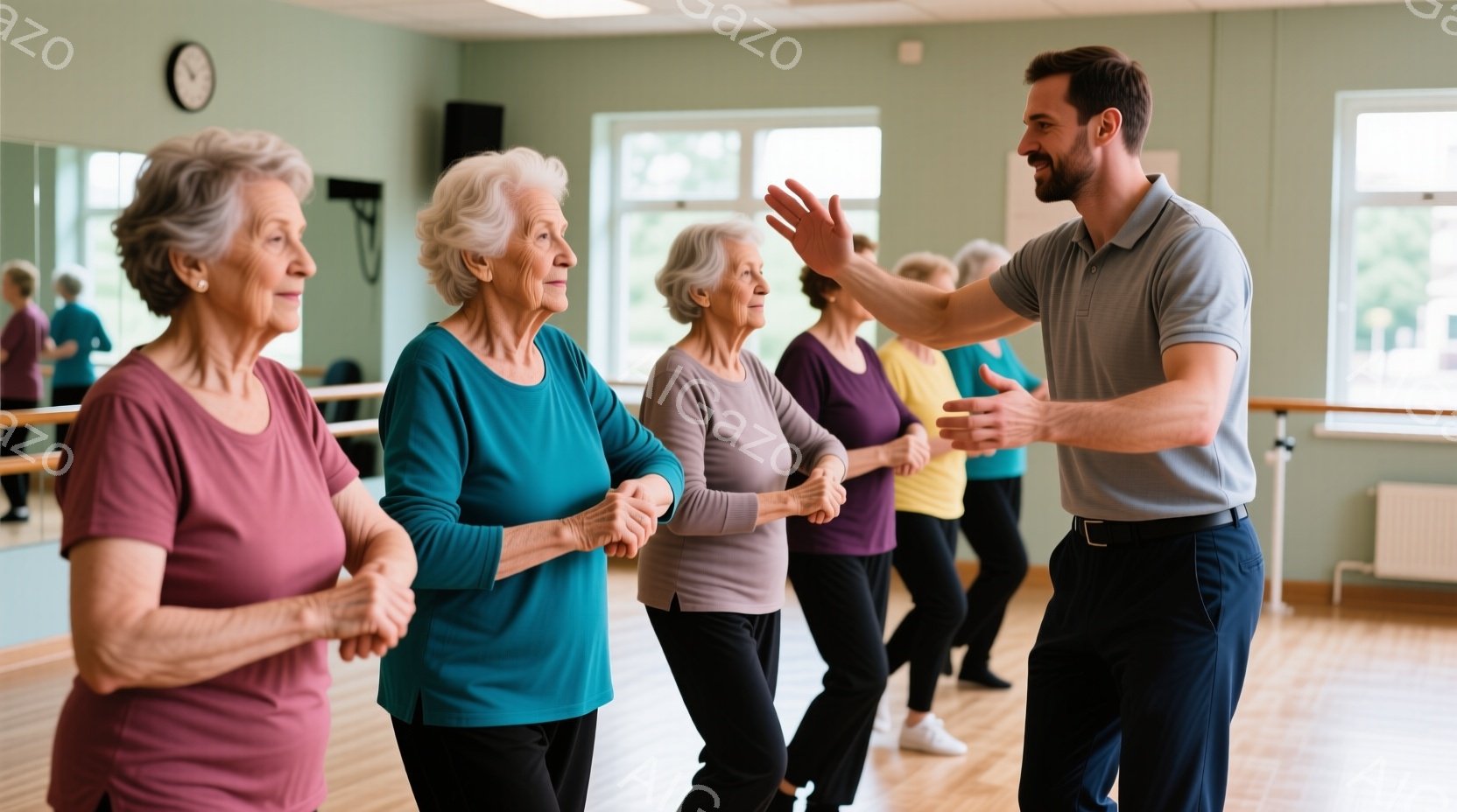 室内でダンスレッスンが行われています。白髪の女性たちがそれぞれ異なる色の長袖シャツを着て、インストラクターの指導のもとで踊っています。背景には鏡があり、明るい自然光が差し込んで、活気があり、健康的な雰 - AI生成フリー素材