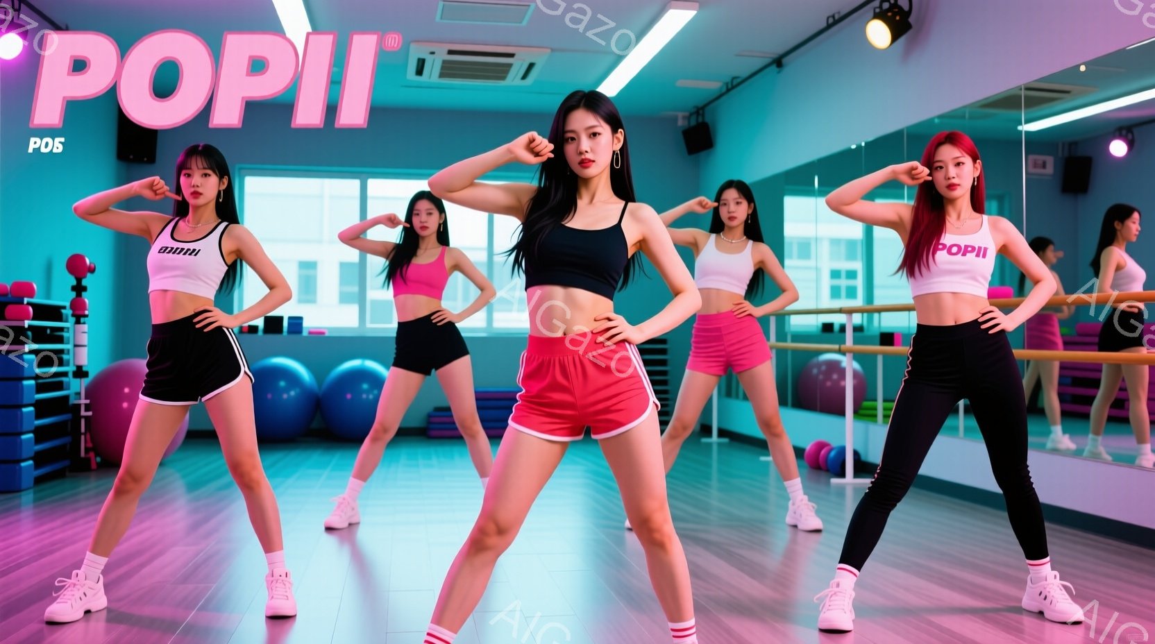 複数の女性がダンススタジオでポーズをとっています。彼女たちは白いタンクトップとピンクのショーツ、そして白いスニーカーを着用し、髪はポニーテールにしています。スタジオはピンクと紫色の照明で照らされ、鏡とダンベルが並び、エネルギッシュで活気のある雰囲気が漂っています。