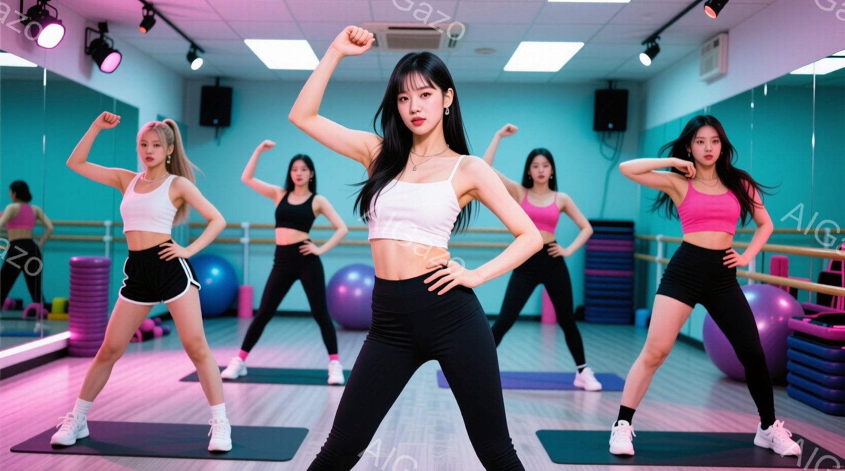 4人の女性がダンススタジオでエクササイズをしている写真です。彼女たちはそれぞれスポーティーな服装で、黒または白のトップスに、黒のショートパンツまたはレギンスを着用しています。全員が腕を上げてポーズをとっており、鏡に映る姿も確認できます。
