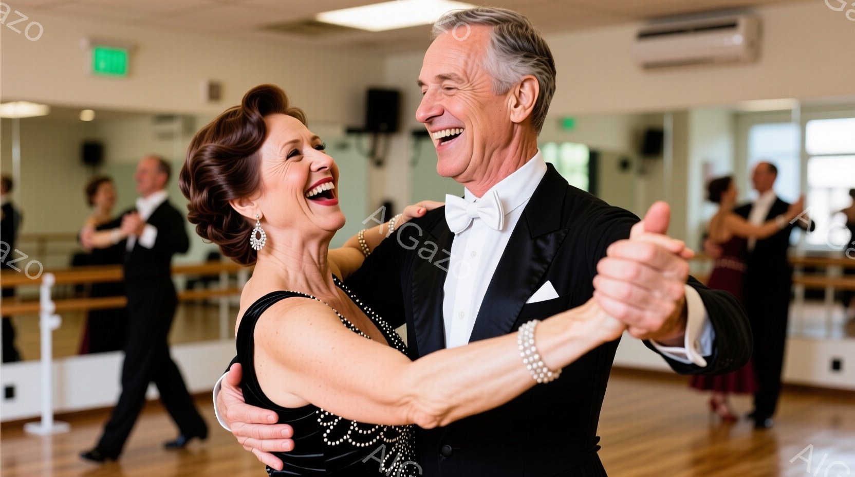 優雅なダンスフロアで、年配の夫婦が踊っています。女性は濃いブルーのドレスにパールのネックレス、男性はタキシード姿で、ともに満面の笑みを浮かべています。背景には他のダンサーや鏡張りの壁が見え、明るく活気のあるダンススタジオの雰囲気が伝わってきます。