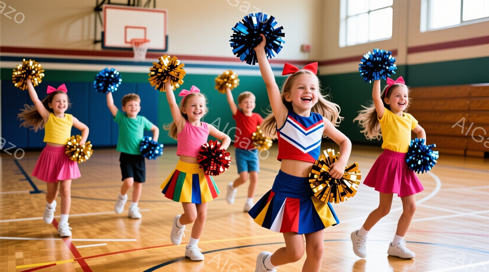 チアリーディングの練習をしている子供たちが写っています。明るい色のユニフォーム（赤、青、黄色、ピンク、緑）を着て、ポンポンを振りながら走っています。彼らは皆、笑顔で元気いっぱいです。