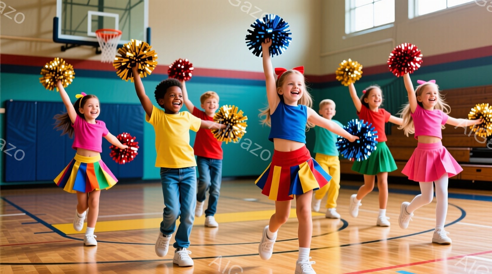 チアリーディングの練習をしている子供たちが体育館で写っています。ピンク、黄色、青、緑などのカラフルなユニフォームを着て、ポンポンを持ってジャンプしており、皆笑顔で活気に満ちています。背景にはバスケットボールのゴールが見え、体育館の床は木製で明るく、全体的にエネルギッシュで楽しげな雰囲気です。