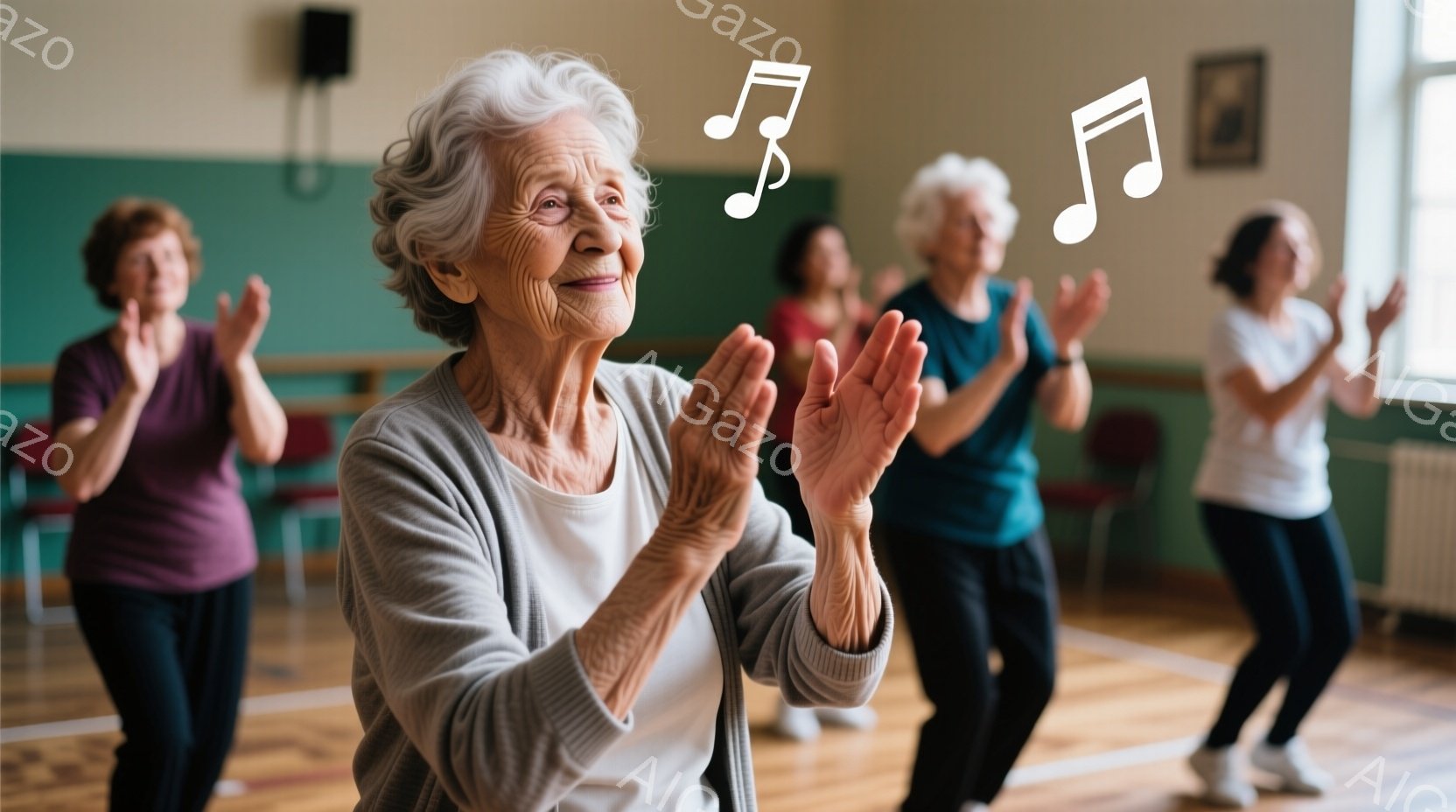 運動をしている高齢の女性たちが写っています。彼女たちは皆、明るい色の運動着を着ており、髪型は短髪または巻き髪で、顔には笑顔が見られます。背景は体育館のような室内で、木製の床と壁、そしていくつかの椅子が見え、活気に満ちた、エネルギッシュな雰囲気です。