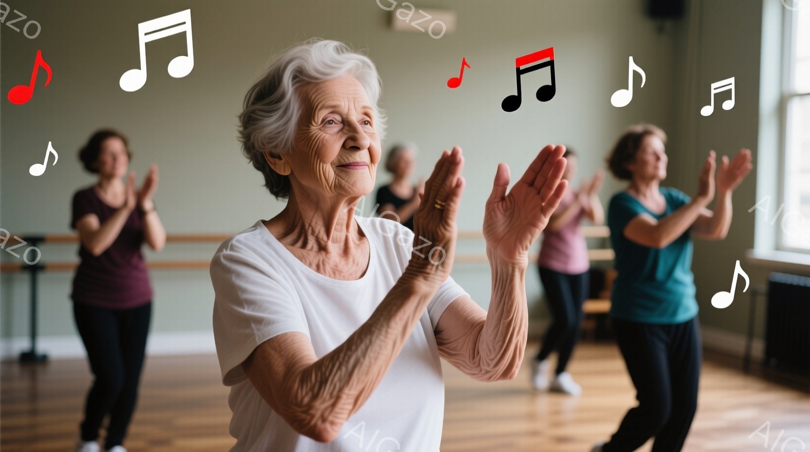 室内でダンスをしている高齢の女性たちが写っている。彼女たちは皆、動きやすい服装で、特に一人の女性は白いシャツと黒いズボンを着用し、手を開いてダンスのポーズを取っている。背景は木製の床と壁で、他の参加者も同じように運動をしている様子で、全体的に活気があり健康的な雰囲気である。