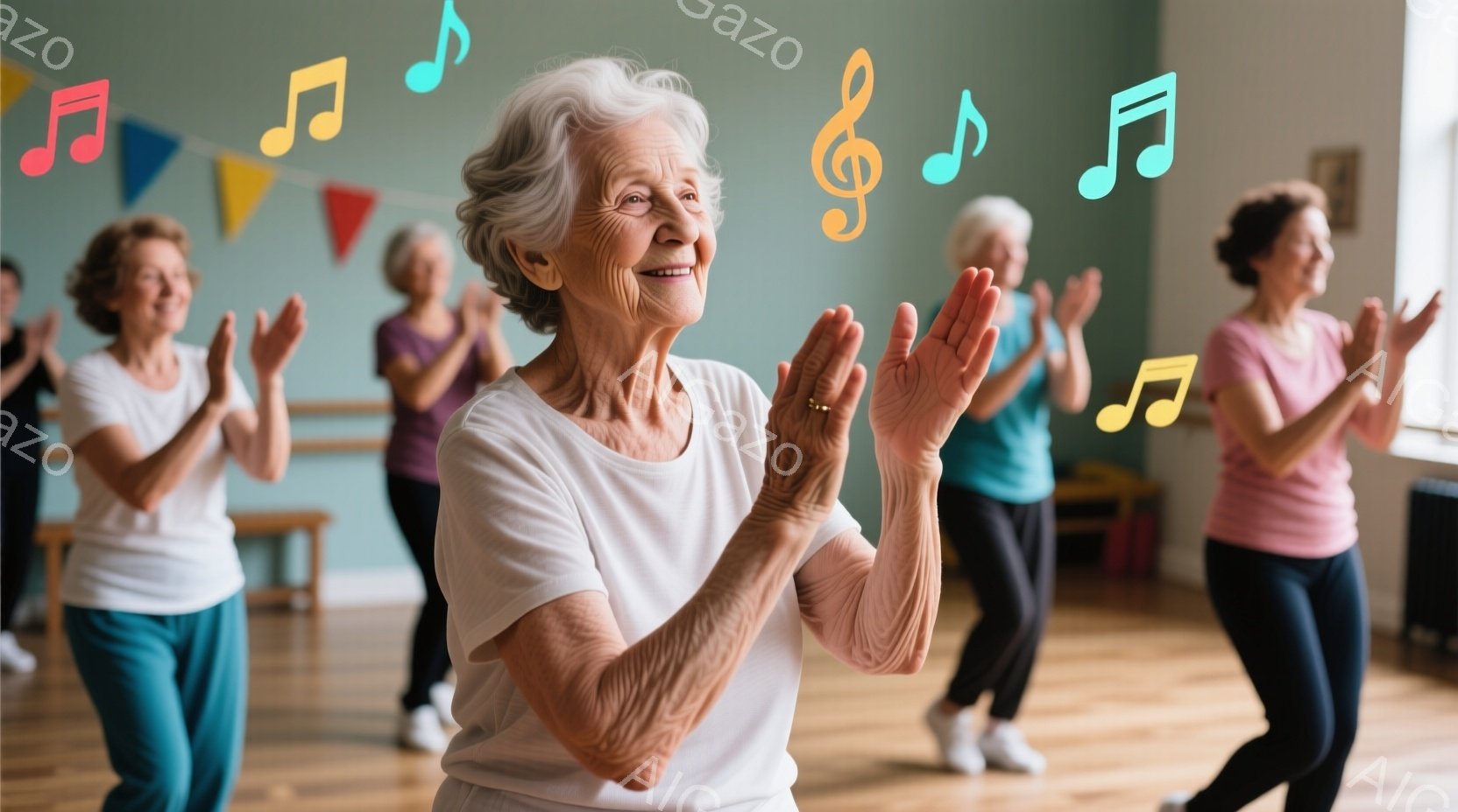 シニアの女性たちがダンススタジオで踊っています。皆、動きやすい服装で、青いパンツや黒いレギンスを着用し、白いTシャツを着ています。笑顔で両手を上げ、活気のある雰囲気で楽しそうに体を動かしています。