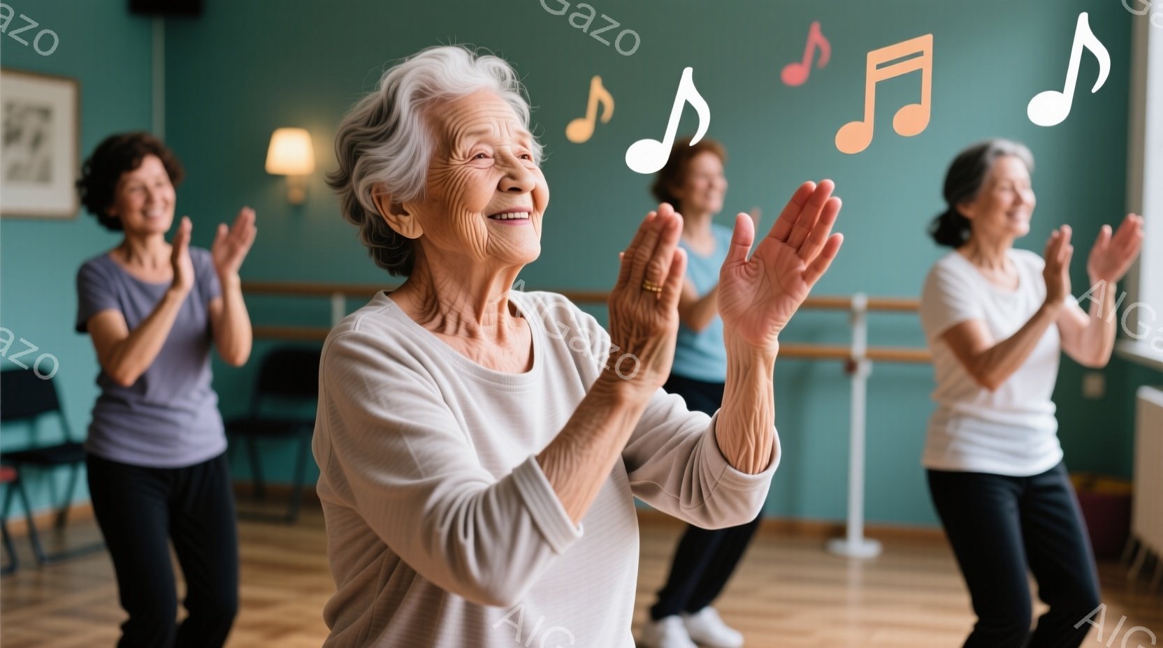 ダンス教室のような場所で、高齢の女性たちが楽しそうに体を動かしている様子が写っています。彼女たちは皆、動きやすい服装で、笑顔で両手を広げ、ダンスのステップを行っているようです。背景には、鏡と椅子が見え - AI生成フリー素材