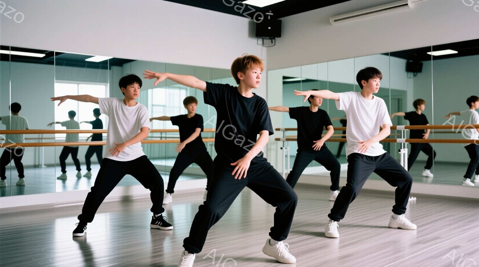 複数の少年たちがダンススタジオで踊っています。彼らは皆、白いTシャツに黒いズボンという同じ服装で、片手を上げ、体をひねったポーズをとっています。背景には鏡が複数あり、彼らの姿が繰り返し映り込んでおり、スタジオ全体は明るく清潔な印象を与えます。