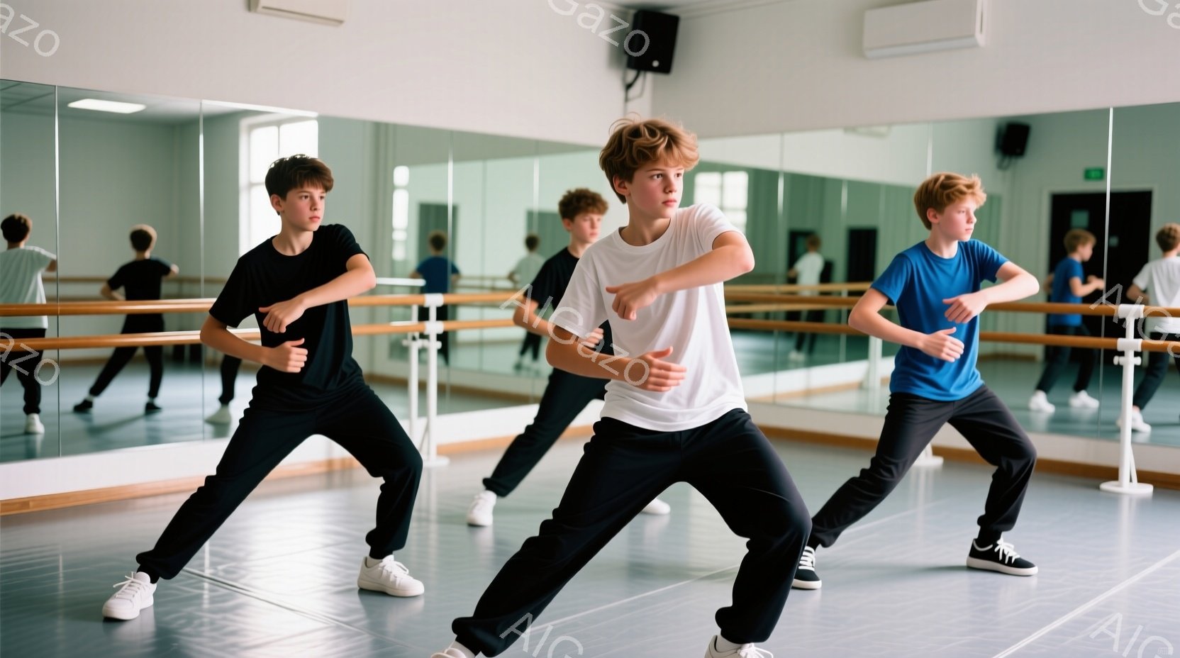 複数の少年がダンススタジオでポーズをとっています。彼らは皆、白いスニーカーと、黒または青のTシャツとズボンを着用しており、真剣な表情で体を前に傾け、まるで武道の練習をしているようです。スタジオは鏡張りの壁で囲まれ、明るい雰囲気で、ダンスや体操の練習に適した空間であることがわかります。