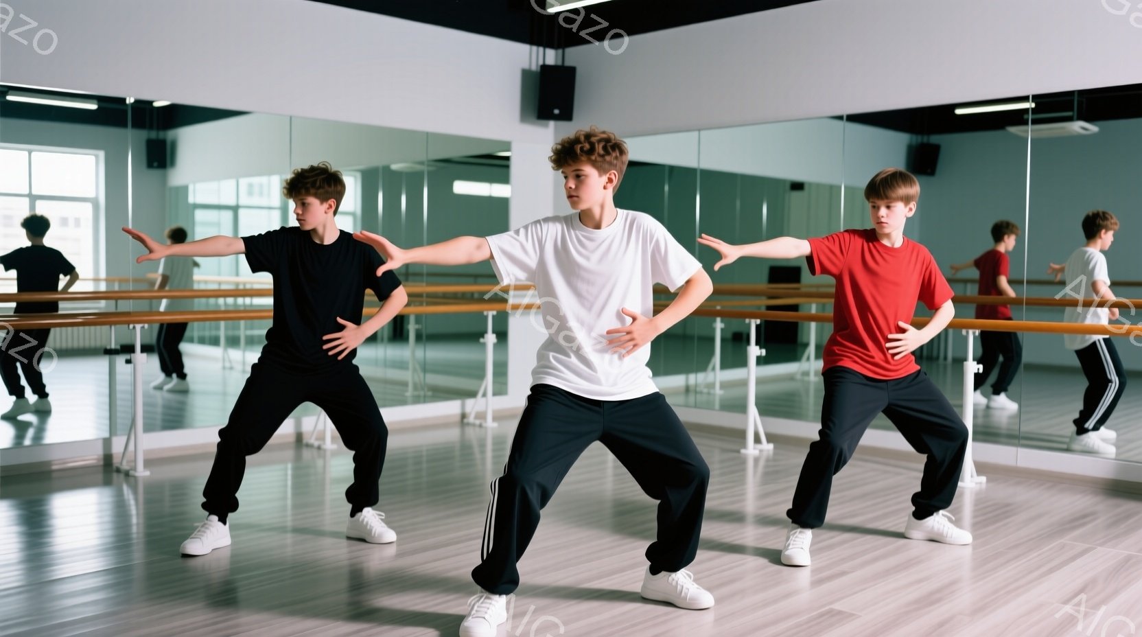 3人の少年がダンススタジオで踊りの練習をしています。彼らは皆、スニーカーとジョガーパンツを履き、黒、白、赤のTシャツを着ています。スタジオは鏡張りの壁で囲まれ、明るく開放的な雰囲気で、床は滑らかな木製です。