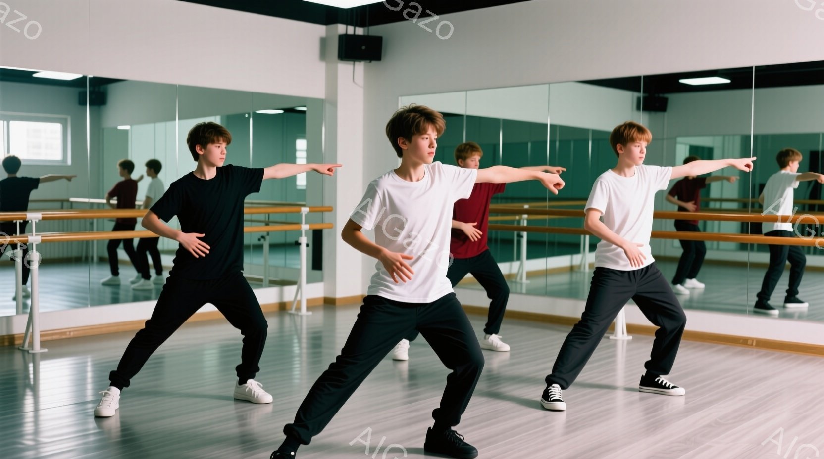 ３人の少年がダンススタジオで踊っています。彼らは黒または白のTシャツと黒いズボンを着用し、白いスニーカーを履いています。スタジオには大きな鏡があり、背景はシンプルで明るく、集中した雰囲気です。 - AI生成フリー素材