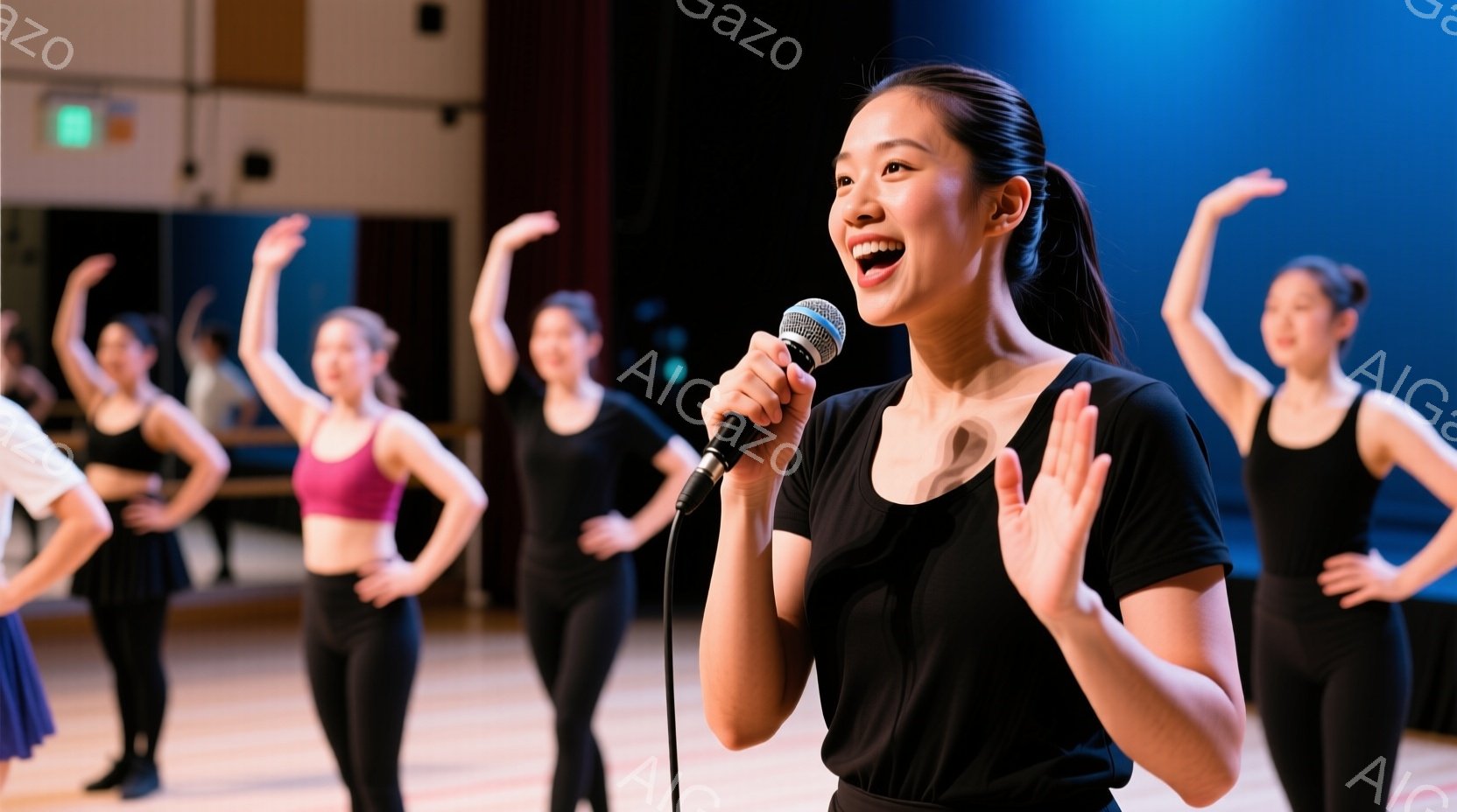 主人公はダンサーとして歌を歌っており、その周りには同じ衣装のダンサーが揃っている。彼女は笑顔で観客に向けて話している。舞台は明るく、楽曲が流れており、聴衆とともに躍動するダンサーのパフォーマンスを感じることができる。