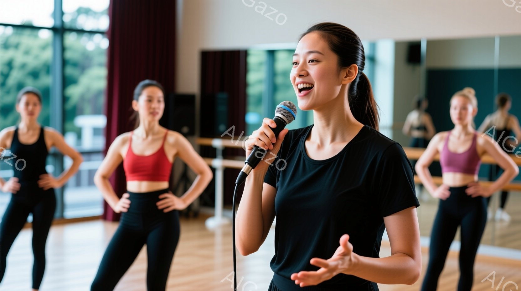 複数の女性がダンススタジオにいる写真です。一人の女性は黒いTシャツを着てマイクを持ち、楽しそうに話しています。他の女性たちはスポーティな服装で、バレエバーに手を添えてポーズをとっており、スタジオ全体は明るく開放的な雰囲気です。
