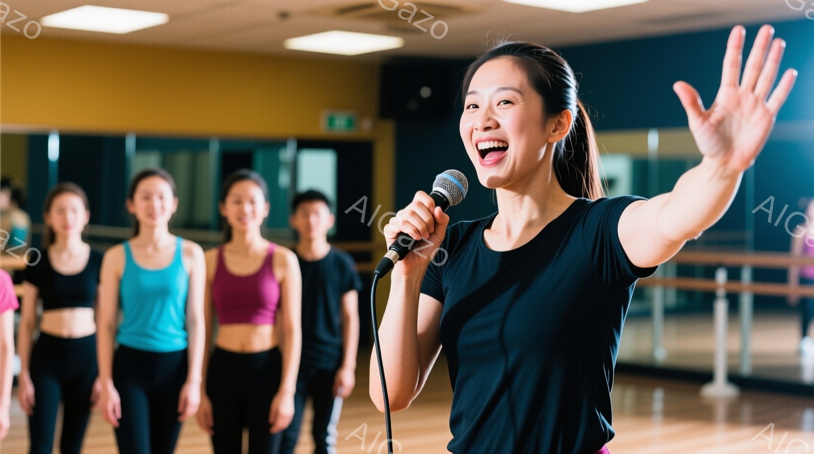 黒いTシャツを着た女性が、片手を高く上げ、マイクを持って笑顔で何かを話しています。背景には、ダンススタジオのような場所で、他の女性たちが動きやすい服装で立っており、彼女を見つめています。スタジオ内は明るく、床は木製で、鏡張りになっており、活気のある雰囲気です。