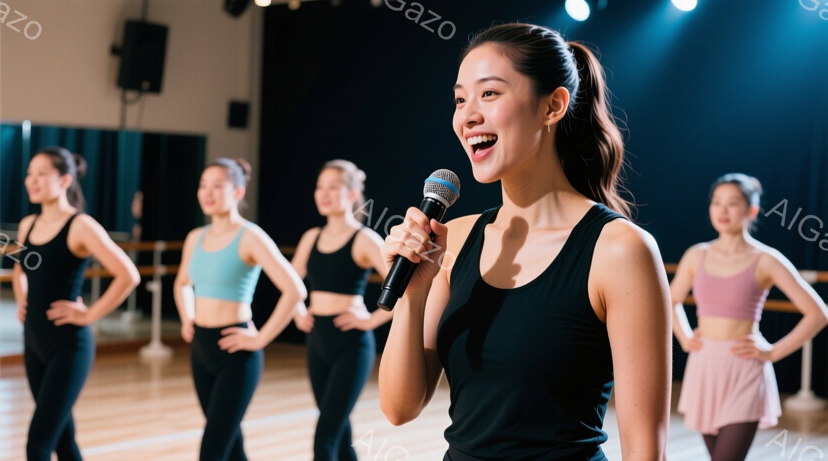 バレエスタジオのような場所で、一人の女性がマイクを持って微笑みながら立っています。彼女は黒のタンクトップと黒いレギンスを着用し、後ろに同じようにタンクトップとレギンス、または短いスカートを着用した他の女性たちが並んでいます。スタジオは木製の床で、背景は暗く、全体的に明るくポジティブな雰囲気です。
