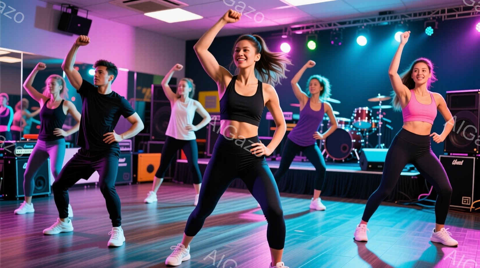 複数の人々がダンススタジオで踊っています。彼らはスポーツブラやレギンスなど、動きやすい服装を着ており、全員が笑顔でエネルギッシュな表情をしています。背景には楽器やスピーカーが配置され、ピンクと紫の照明がスタジオ全体を照らし、活気ある雰囲気を醸し出しています。