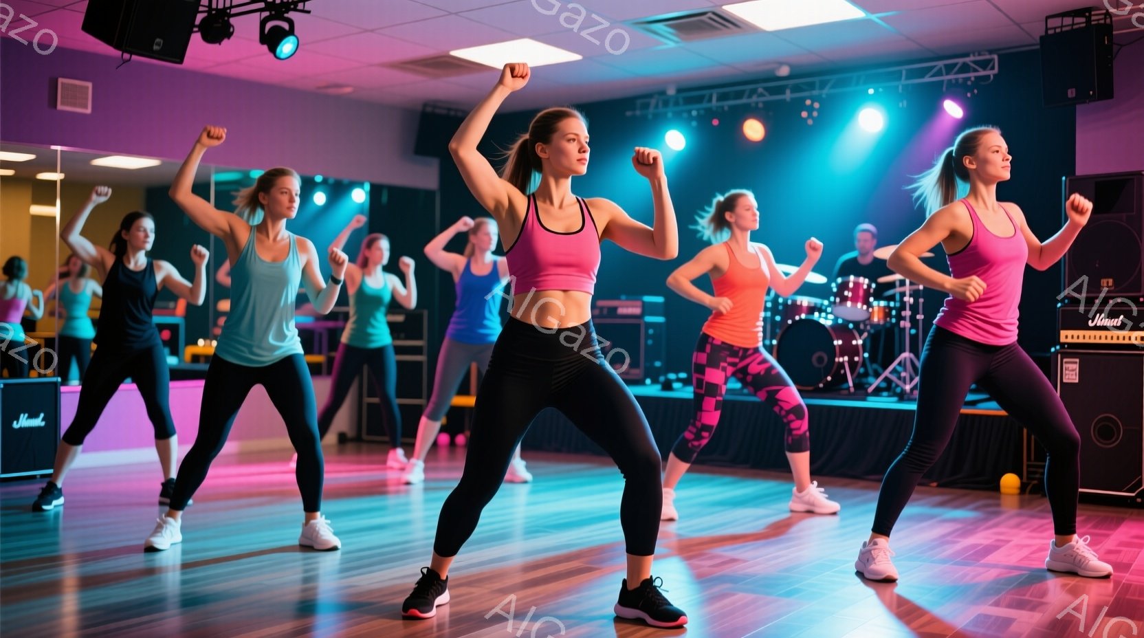 複数の女性がスタジオでダンスエクササイズを行っています。彼女たちはスポーツブラとレギンスを着用し、髪は後ろでまとめています。背景にはドラムセットやスピーカーなどの楽器があり、薄暗い照明と紫色のライトが活気に満ちた雰囲気を醸し出しています。