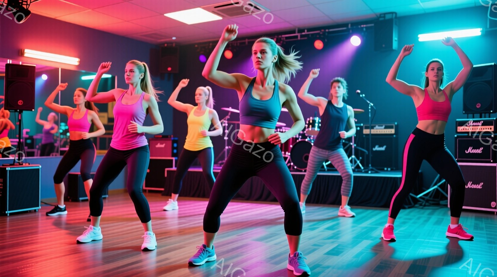 複数の女性がダンススタジオでエアロビクスまたはズンバのようなダンスを行っています。彼女たちは明るいピンク色のクロップトップと黒のレギンスを着用し、運動靴を履いています。背景には、アンプやスピーカー、そしてカラフルな照明があり、エネルギッシュで活気のある雰囲気を醸し出しています。