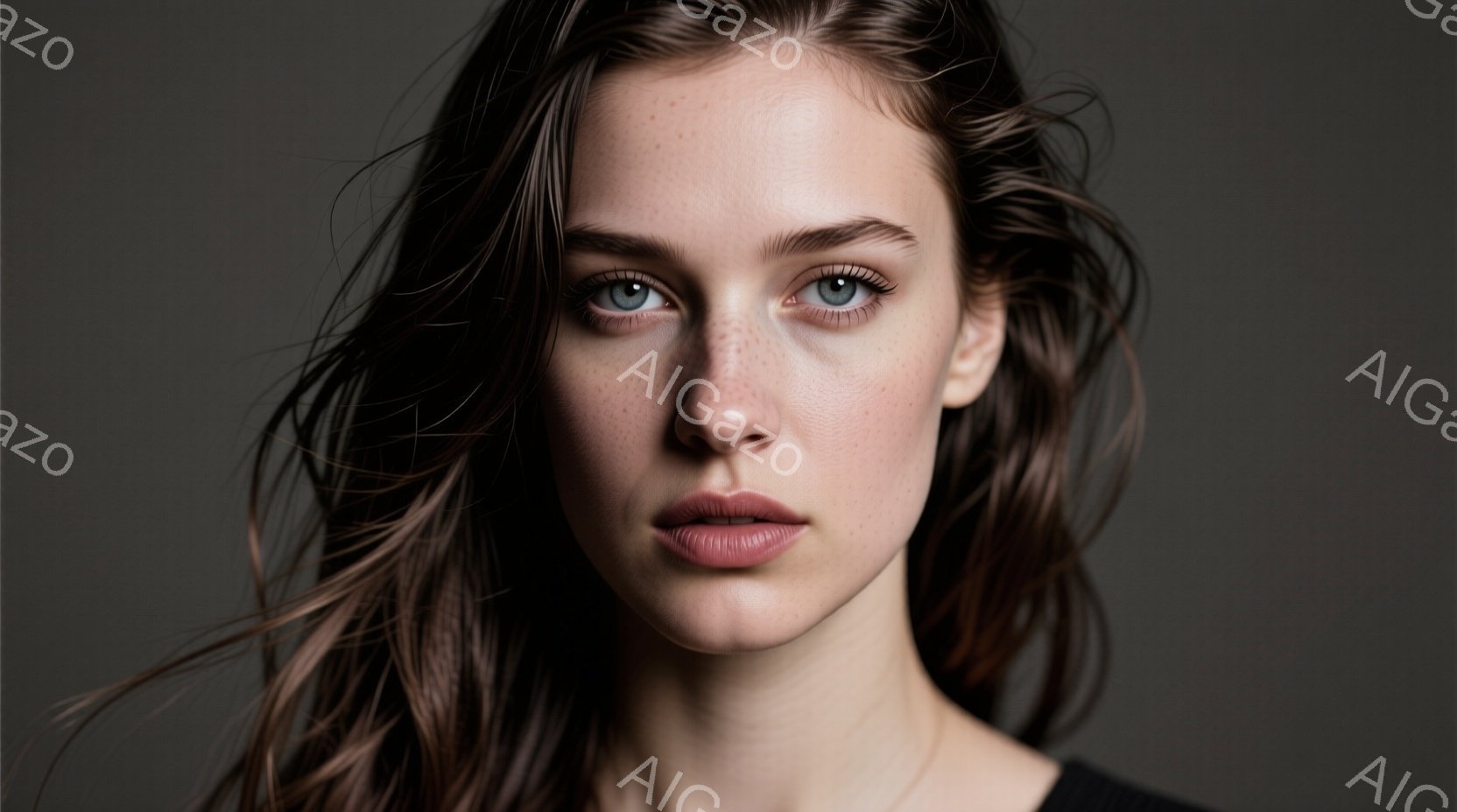 褐色の髪が風になびき、そばかすが特徴的な女性のクローズアップ写真です。彼女はわずかに口を開け、まっすぐカメラを見つめており、その表情はどこか憂いを帯びています。背景はグレーで、女性が際立つようにシンプルに処理されています。