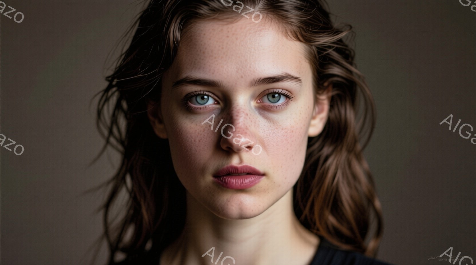 目の前にいる若い女性は、そばかすが特徴的で、明るい茶色のカールした髪をしています。彼女はわずかに唇を閉ざし、まっすぐにカメラを見つめ、その視線は鋭く、自信に満ちています。背景は淡いグレーで、彼女の表情と美しさを際立たせており、全体的に落ち着いた、しかし力強い雰囲気が漂っています。