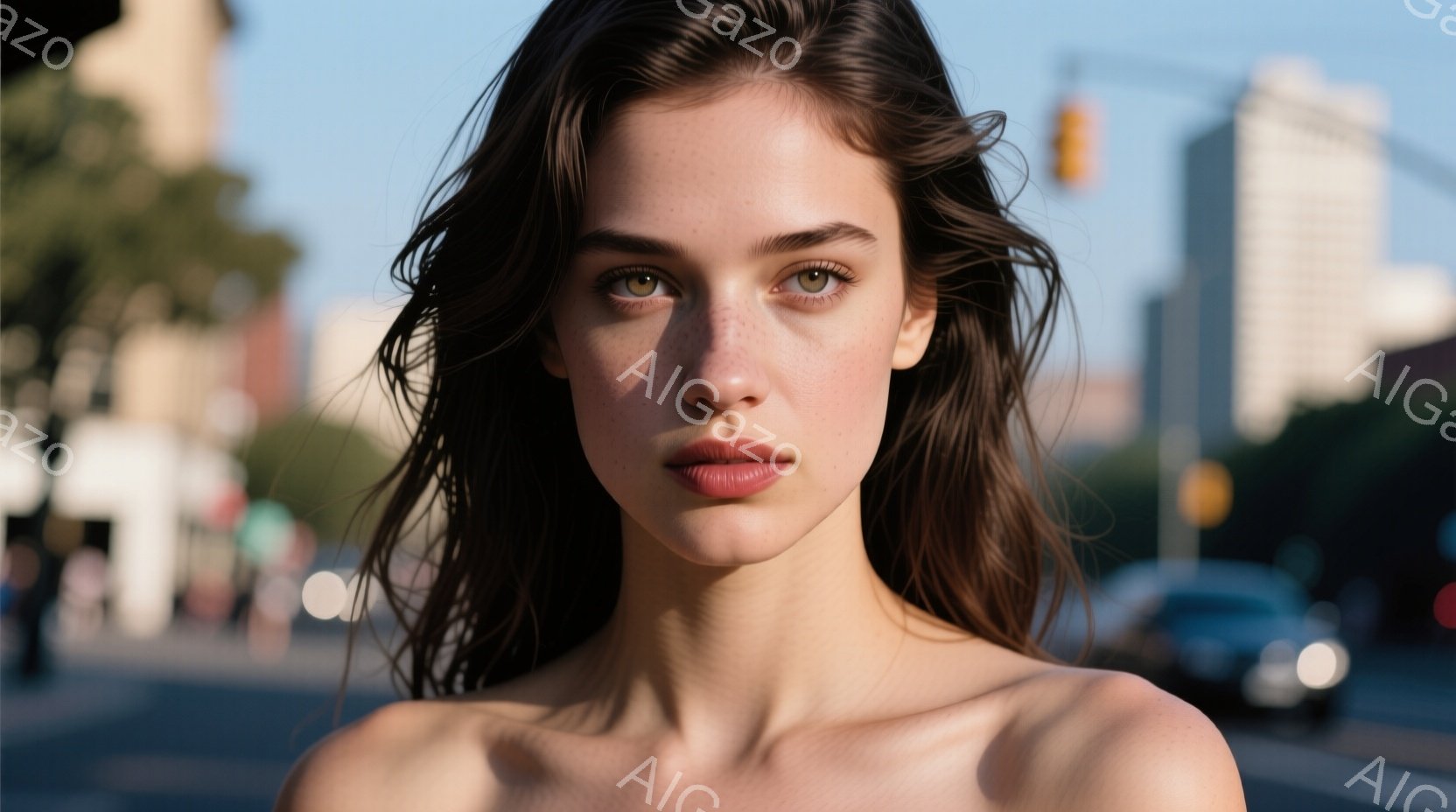 若い女性がクローズアップで写っており、肩を露出した状態で、長い茶色の巻き髪が肩にかかっています。彼女はわずかに微笑み、そばかすが特徴的で、視線はカメラに向けられています。背景には、街並みと薄青色の空が広がり、晴れた日の都会の雰囲気を醸し出しています。