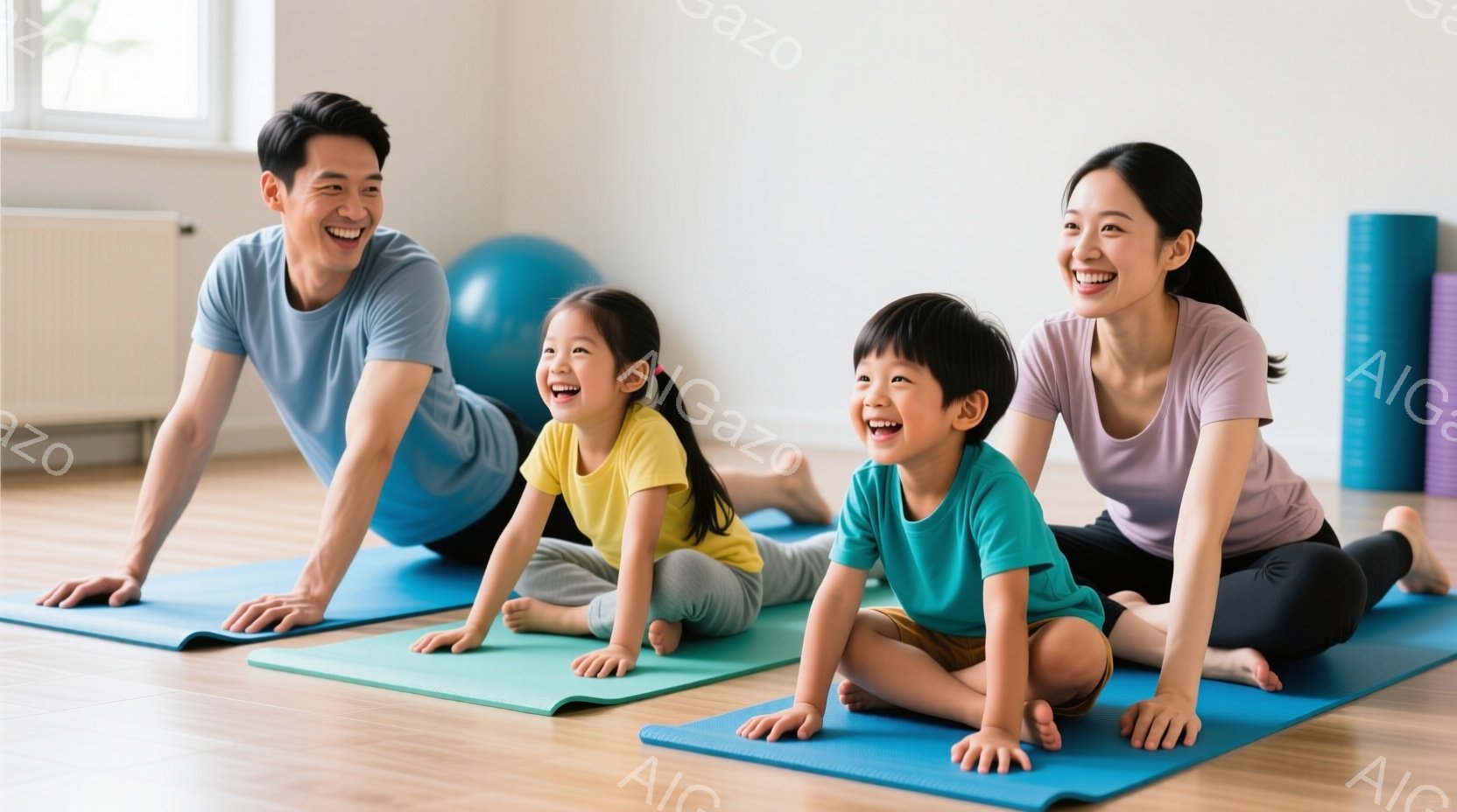室内で、父親、母親、そして二人の子供がヨガマットの上で運動しています。父親は青いシャツを着て、母親はグレーのトップスと黒いレギンスを着ています。子供たちはそれぞれ黄色とターコイズのシャツを着ており、皆笑顔でリラックスした雰囲気です。