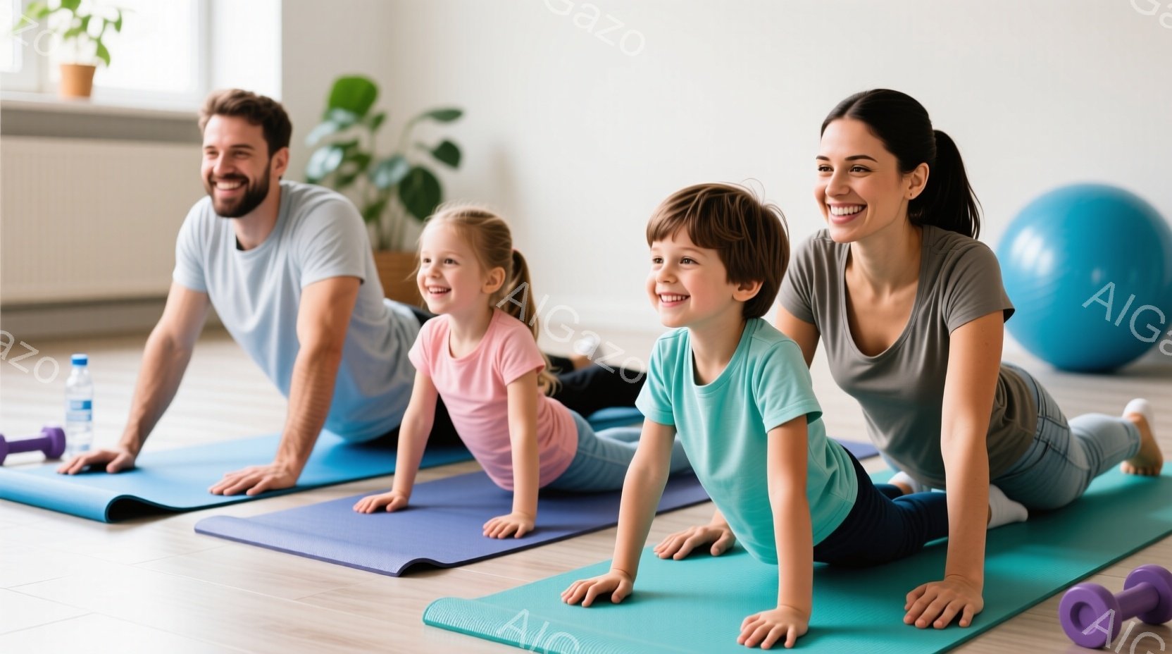 ヨガマットの上で、男性、少女、少年、女性がコブラのポーズをとっています。男性は灰色のTシャツ、少女はピンクのTシャツ、少年はターコイズブルーのTシャツ、女性はグレーのTシャツを着ており、皆笑顔で楽しんでいます。背景には、水色のエクササイズボールやダンベルが見え、明るく清潔な室内で、健康的なライフスタイルを象徴する活気のある雰囲気です。