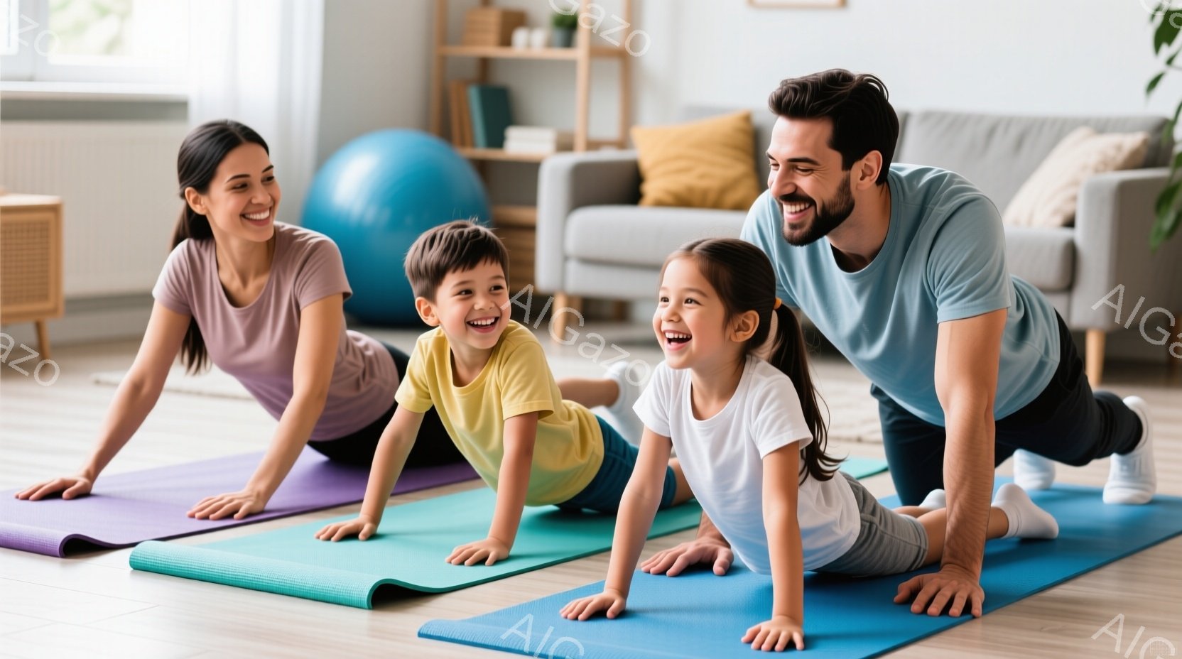 室内でヨガマットの上でストレッチをしている家族が写っています。母親はピンク色のシャツを着て、息子と娘はそれぞれ黄色のシャツと白いシャツを着て、笑顔で体を伸ばしています。背景にはソファや収納棚があり、明るく快適な家庭的な雰囲気です。