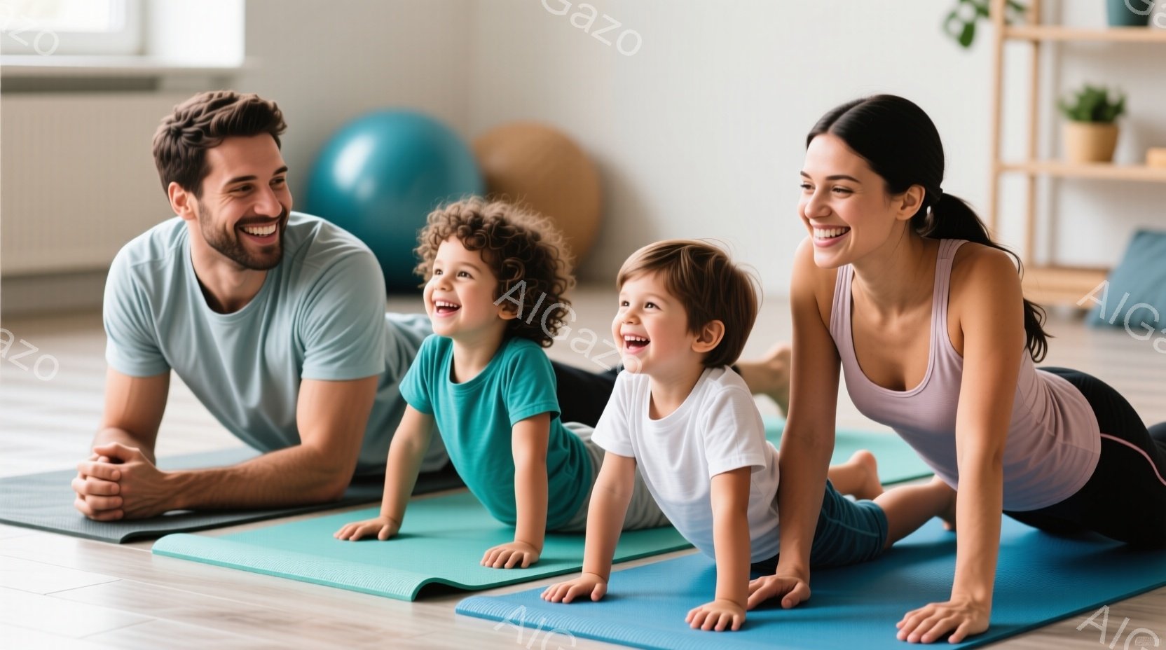 ヨガマットの上で、笑顔の男性と女性、そして2人の幼い子供たちが体を伸ばしている様子が写っています。男性はグレーのTシャツ、女性は薄い紫色のタンクトップと黒いレギンス、子供たちはそれぞれ緑色と白色のTシャツを着ています。背景にはエクササイズボールや観葉植物が見え、明るく家庭的な雰囲気が漂っています。