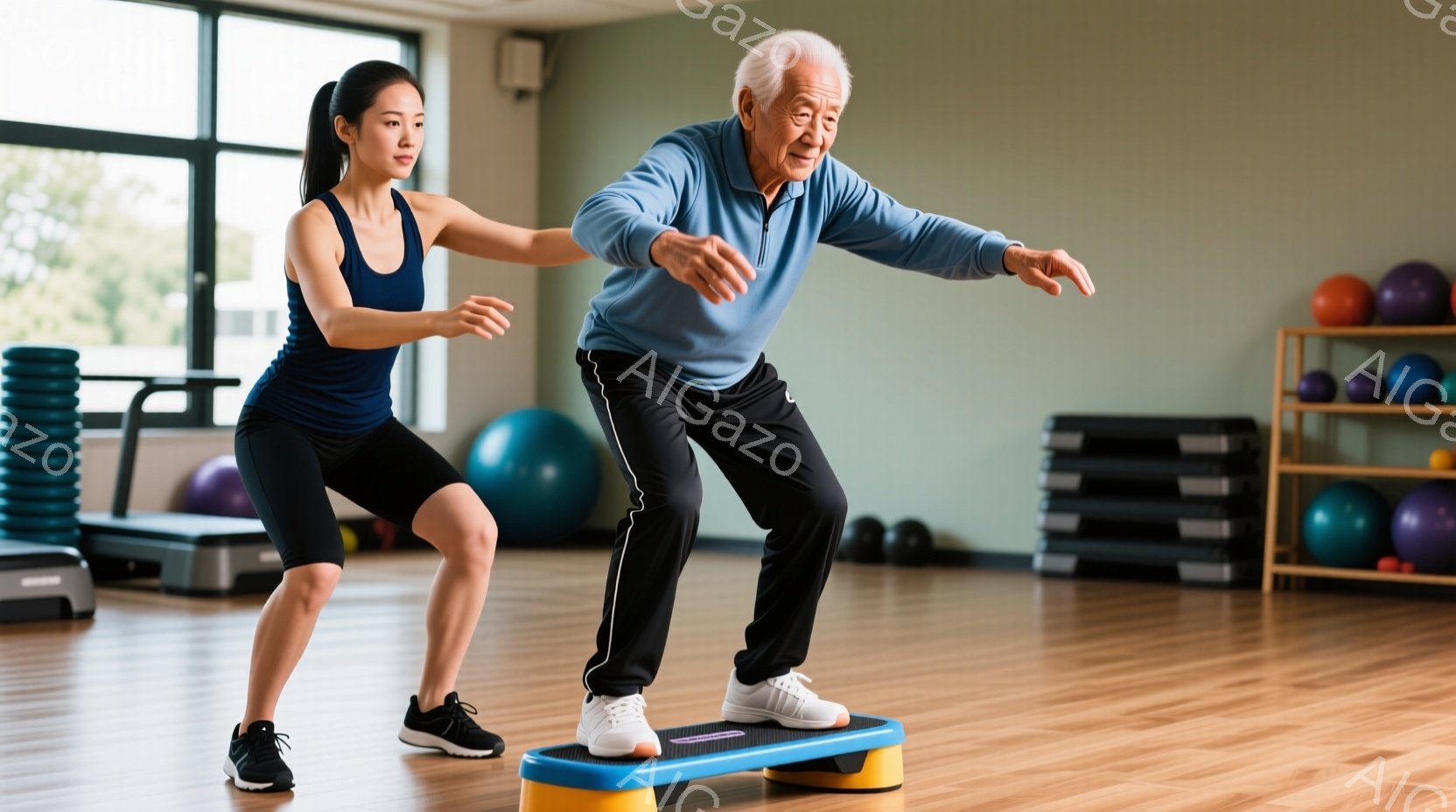 運動ジムで、若い女性インストラクターが年配の男性のステップ運動を指導している。女性は黒いスポーツブラと短パン、男性は青い長袖シャツと黒いズボンを着用し、それぞれ運動靴を履いている。背景には、エクササイズボールやトレーニング機器が並び、明るく清潔な雰囲気のジムであることがわかる。