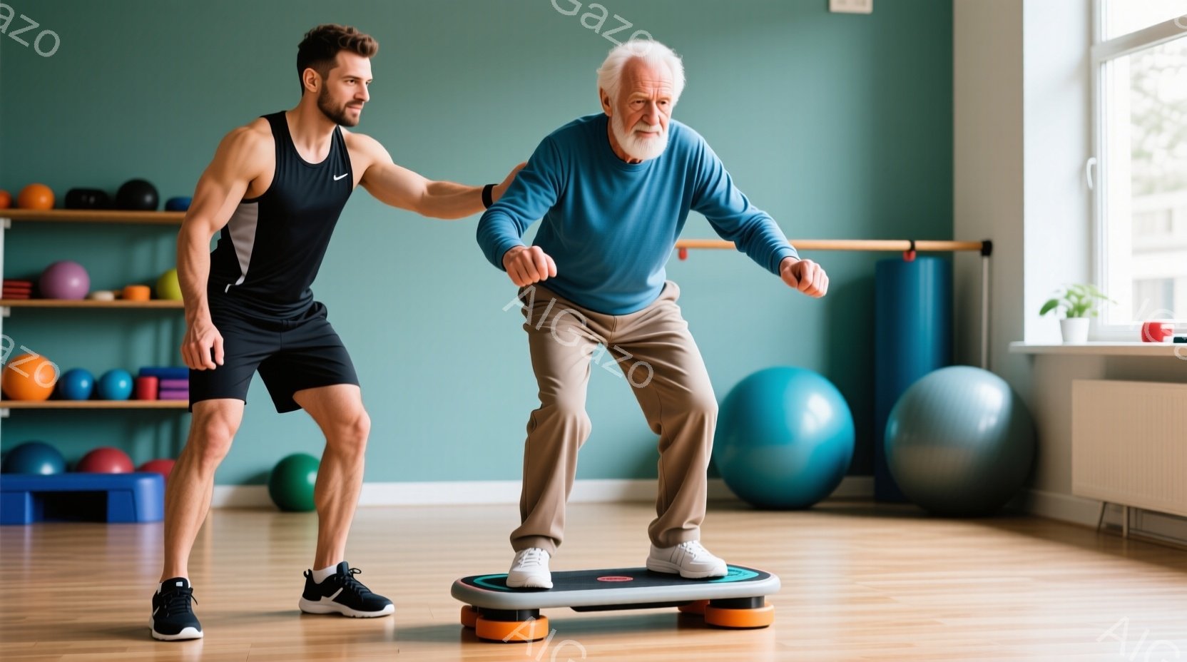筋トレジムで、若い男性トレーナーが年配の男性の背中を支え、バランスボード上でのスクワットを補助している。年配の男性は明るいブルーの長袖シャツとベージュのズボンを着用し、少し緊張した表情で膝を曲げている。背景には、エクササイズボールやフィットネス機器が並び、明るく清潔な印象を与える室内である。