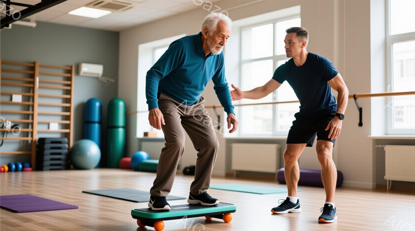 室内はフィットネスジムで、高齢の男性がバランスボードの上でリハビリトレーニングを行っています。彼は濃い青色の長袖シャツに紺色のズボンを着用し、少し苦労した表情で体を支えています。背景には、エクササイズボールやジムの器具が見え、明るい室内は健康的な雰囲気です。