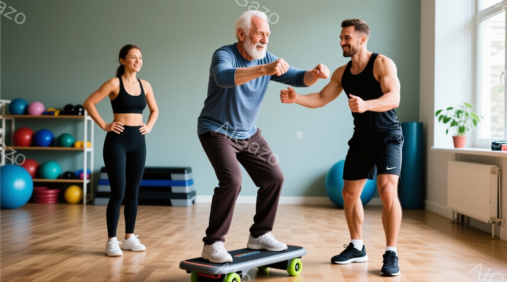 年配の男性と若い女性がスターリングをする場面が描かれています。男性は右手でパートナーの腕を抱え、左手で自分の体重を支持しています。彼は白髪とひげがあり、ジャンプスクエアで行動中です。女性は軽く笑っており、男性に対する敬意を表しています。彼女はヘルシーライフに関連する健康的な服装と靴を着用しています。背景には、ストレッチマットやエクササイズ機器が配置され、スポーツジムのような環境であり、屋内で撮影されたと思われます。様々な健康的な活動を紹介している雰囲気が感じられます。