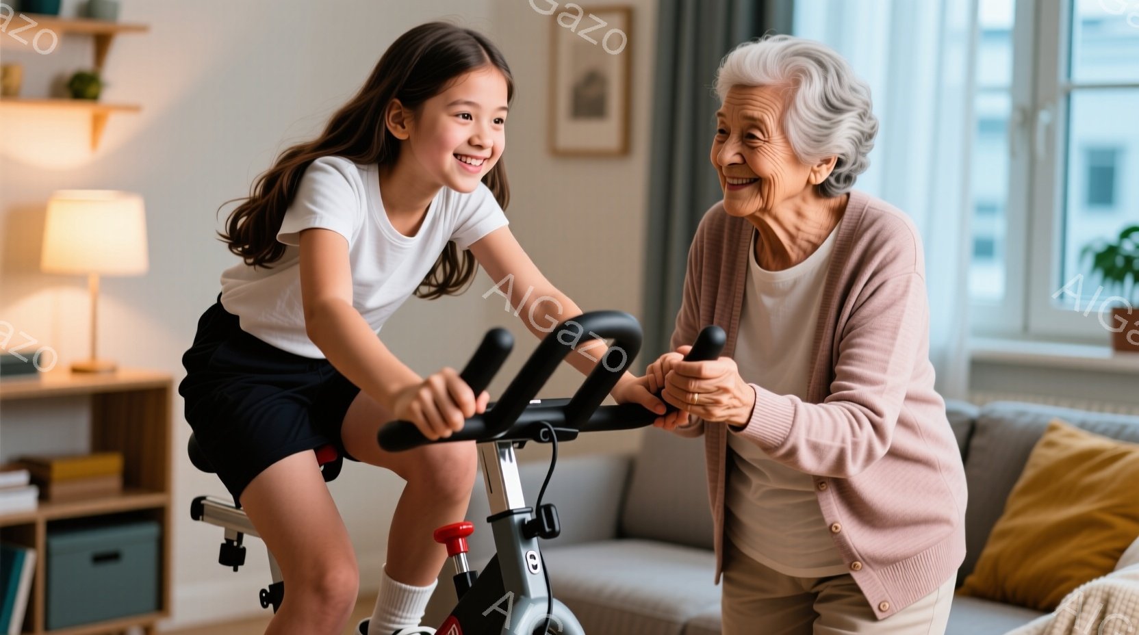 少女は室内バイクに乗り、笑顔でペダルを漕いでいます。彼女は白いTシャツ、紺色のショートパンツ、白い靴下を履いており、髪はポニーテールに結ばれています。背景には、ソファーに座って微笑んでいるおばあちゃん - AI生成フリー素材