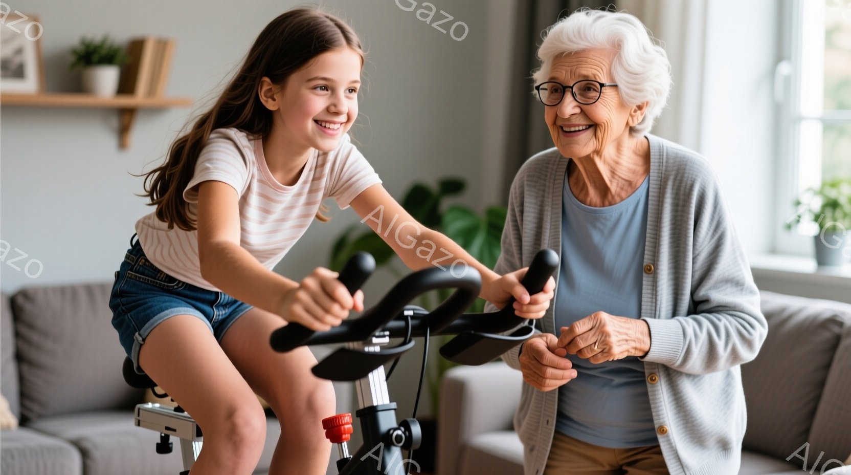 小さな女の子がエクササイズバイクに乗り、ペダルを漕いでいる。彼女は短パンと白のTシャツを着ており、髪は後ろで結ばれている。背景には、グレーのカーディガンを着た優しい笑顔のおばあちゃんが座っており、室内 - AI生成フリー素材