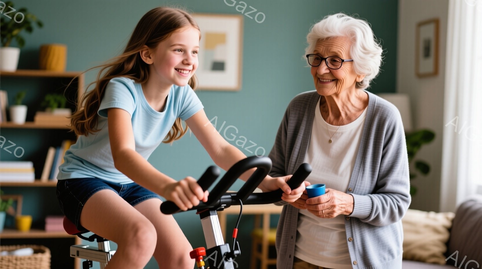 茶髪の少女がエクササイズバイクに座り、笑顔でペダルを漕いでいる。彼女は水色のTシャツとデニムのショートパンツを着ている。背景には、灰色のカーディガンを着た、笑顔の白髪の老婦人がおり、片手に小さなカップを持っている。