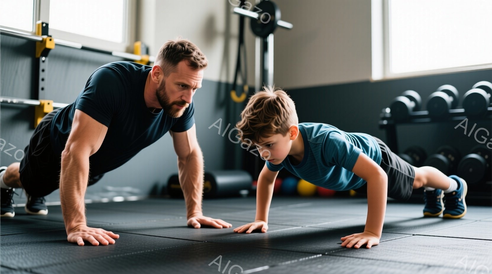 鍛え上げられた男性と少年が、ジムの黒いゴムフロアの上で腕立て伏せをしている。男性は濃い色のシャツと黒いショートパンツを着用し、顎髭を生やしている。少年は青いTシャツとネイビーブルーのスニーカーを履いており、集中した表情で父親と同じように腕立て伏せに挑戦している。