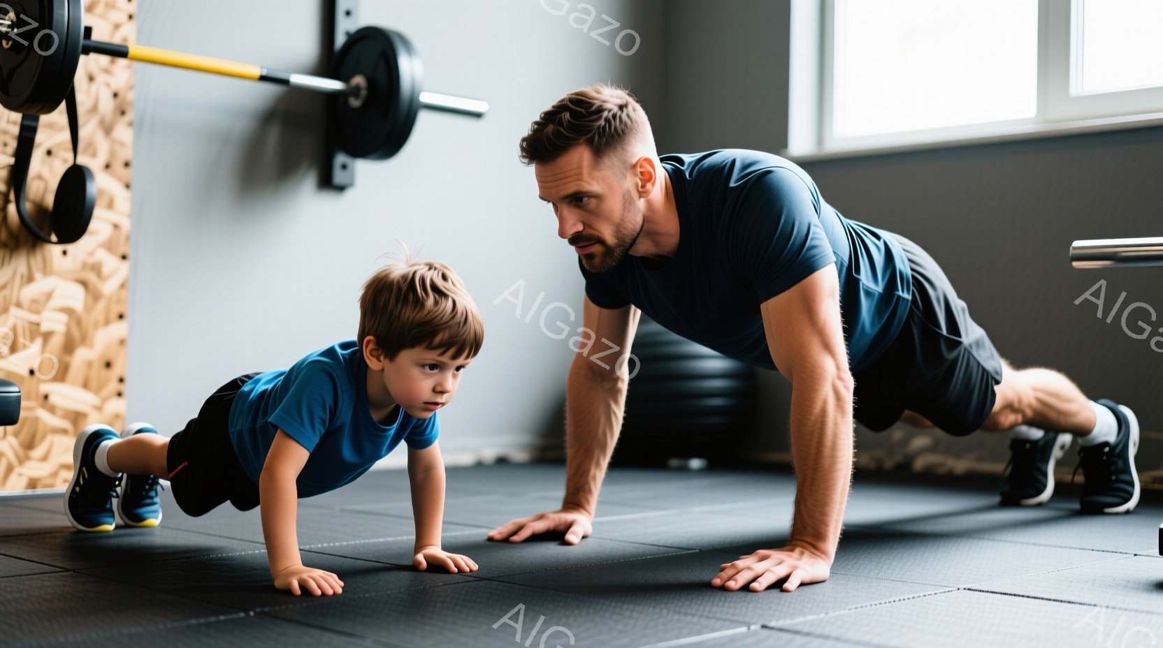 1. 人物：両手を地面に置き、上半身を起こした男性と同じポジションの小さい子供が筋トレをする。 2. 背景：屋内のグリーム色の壁で囲まれた防水構造の空間、通りから見える明日の朝の光が浴びている。 3. 全体の印象：親子が一緒に運動し、健康的な生活を共有する場面という親切な家族の時間を共有する姿勢を強調する。