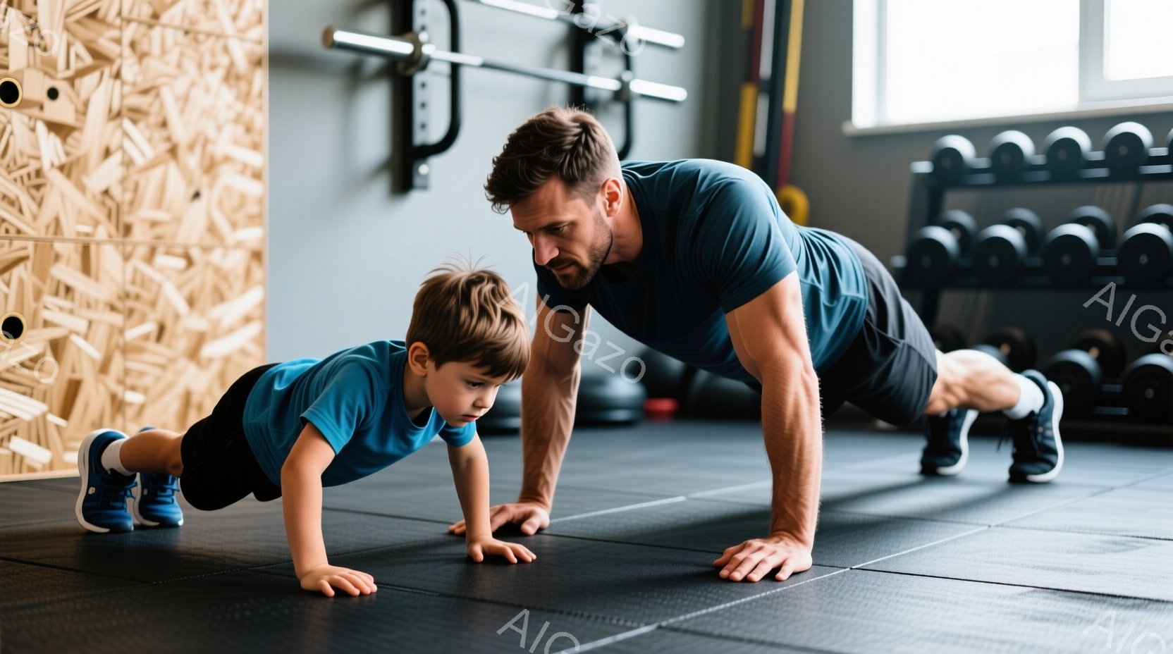 少年と大人が、ジムの黒いゴムフロアの上で腕立て伏せをしている。少年は水色のTシャツと青いスニーカーを履いており、少し難しい表情をしている。背景にはダンベルラックと木製の壁があり、室内は明るく、活気のあ - AI生成フリー素材