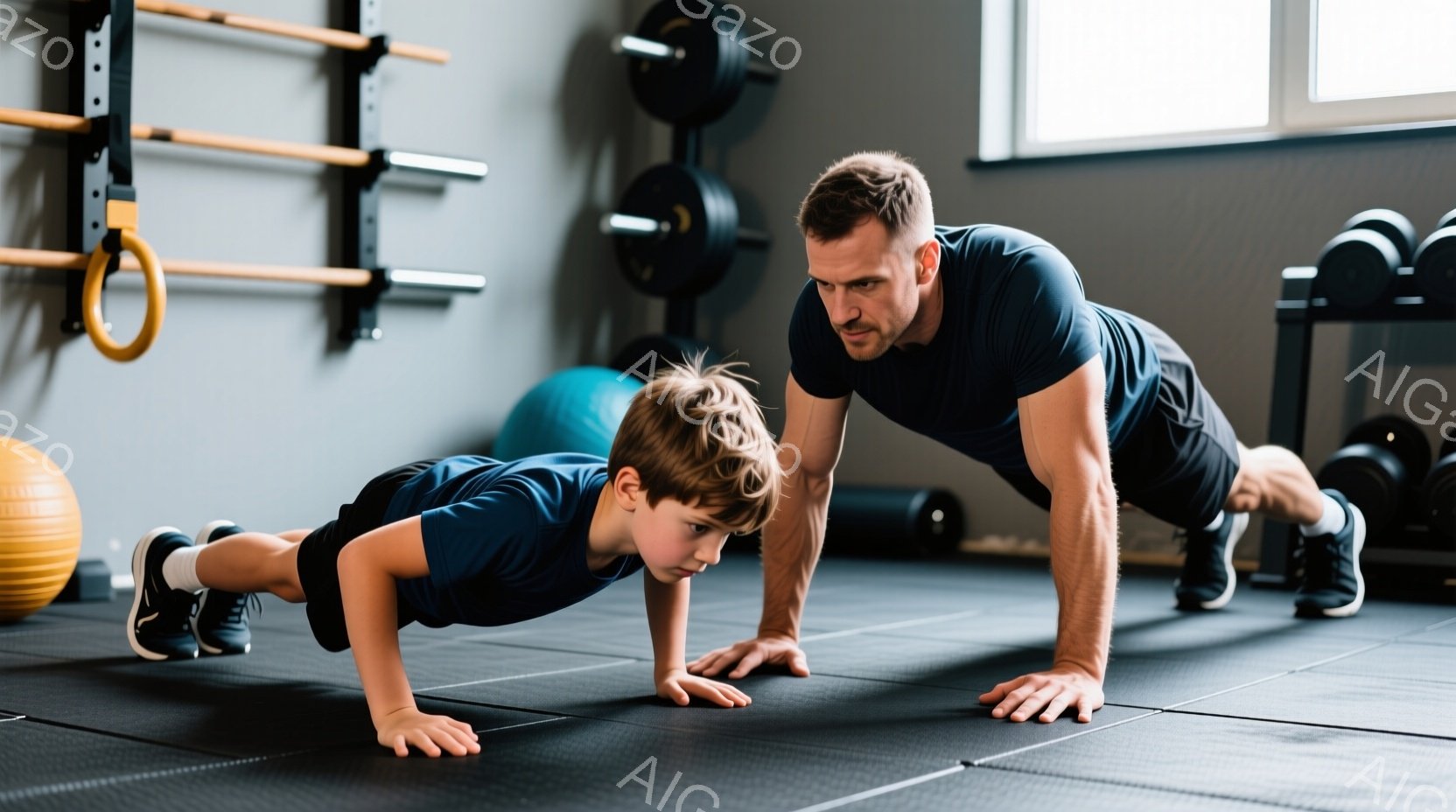 少年と大人が、ジムのフロアで腕立て伏せをしている様子が写っている。少年は濃い青色のTシャツと黒いスニーカーを履き、大人は同じく濃い青色のTシャツと黒いショーツ、スニーカーを履いている。背景にはダンベルや体操リングなどのジムの器具が並び、全体的に健康的で活気のある雰囲気が漂っている。